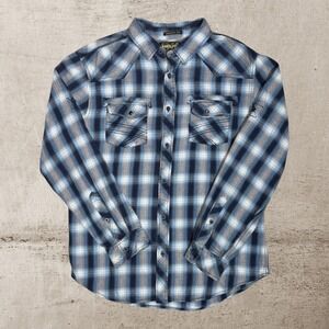 Helix Shirt Men's Large Blue Plaid Long Sleeve Athletic Fit Western Cowboy Rodeo